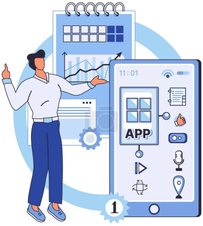 Illustration for Application testing metaphor. Vector illustration. Software testing, sweep that keeps software environment clefrom bugs Application testing, softwares final exam before its deemed fit for use - Royalty Free Image