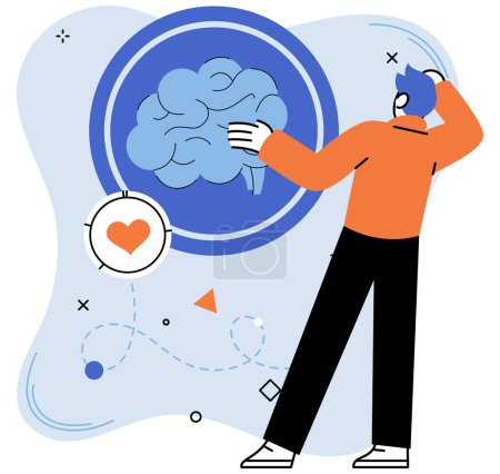 Illustration for Pensive man standing and making business decision, thinking person and brain. Cartoon businessman choosing work strategy for success. Questions dilemma and options confusion concept, brainstorm - Royalty Free Image