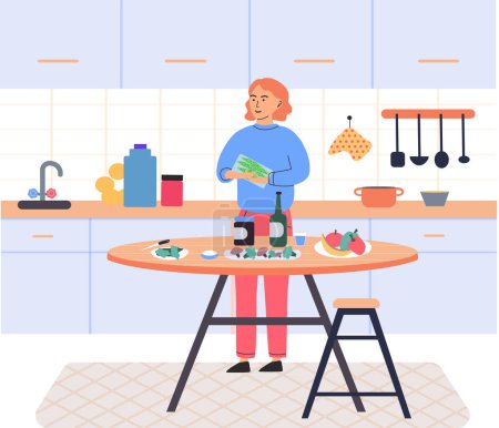 Illustration for People cooking vegetarian food. Vector illustration. Happy culinary. Lady at stove alone. Chef cooks preparing food cook hands on the kitchen table Girl prepare dinner cutting vegetables for salad - Royalty Free Image