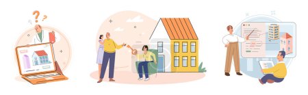 Illustration for Buying and choosing housing. Vector illustration The purchase house was significant financial commitment The residential neighborhood offered sense community The business operated from commercial - Royalty Free Image