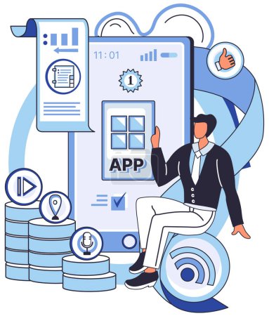 Illustration for Application testing metaphor. Vector illustration. App test, rehearsal stage before actual performance Software testing, gatekeeper ensuring no bugs pass quality threshold Application testing - Royalty Free Image