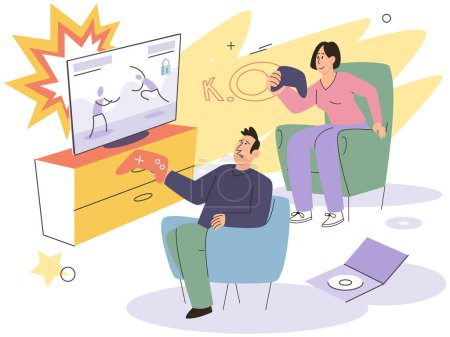 Illustration for Family playing video game together in living room. People holding joysticks watching tv. Man and woman spending time together. Game party at home, family fun. Weekend time, leisure, gaming hobby - Royalty Free Image