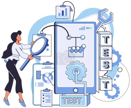 Illustration for Application testing metaphor. Vector illustration. Application testing, crucible where coding errors are uncovered and rectified App test, sandbox for validating apps functionality Software testing - Royalty Free Image