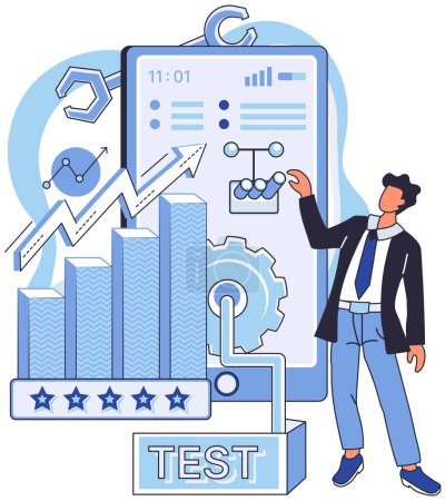 Illustration for Application testing metaphor. Vector illustration. Software testing, defensive line safeguarding from unexpected breakdowns Application testing, crucible where coding errors are uncovered - Royalty Free Image