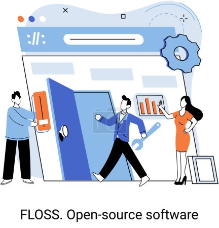 Illustration for FLOSS. Open source software. Free product anyone can freely redistribute, modify and completely remake, can be improved, modernized thanks to inventions of users. Tiny programming language persons - Royalty Free Image