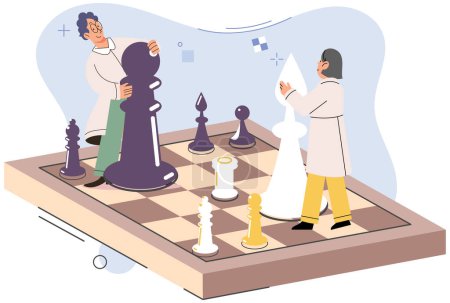 Illustration for Pair of man and woman playing chess stand on chessboard with figures. Sport tournament, intelligence hobby. Smart young adult players, competitors. Chess tournament at chess club. Leisure activity - Royalty Free Image