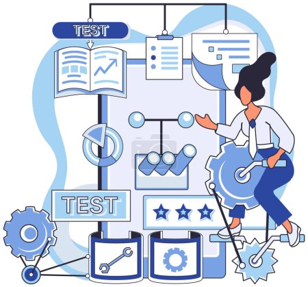 Illustration for Application testing metaphor. Vector illustration. Software testing, final frontier before code goes live Application testing, diagnostic procedure for softwares health App test, rehearsal stage - Royalty Free Image