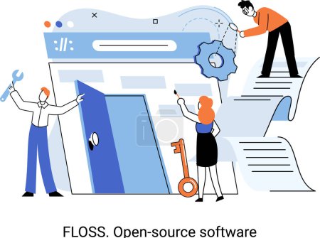 Illustration for FLOSS open source software. Code of created program open available for viewing modification. Use of already created code to create new versions of programs to correct errors refinement of open program - Royalty Free Image