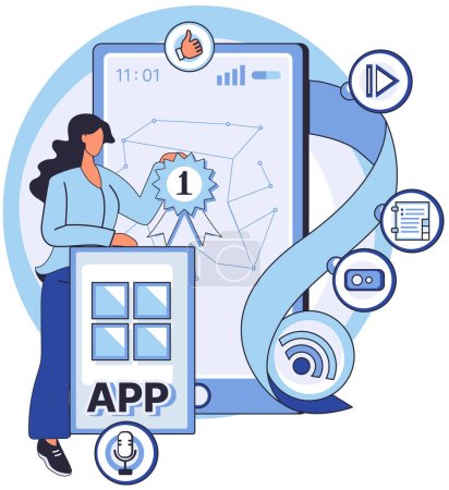 Illustration for Application testing metaphor. Vector illustration. Application testing, detector identifying glitches for smoother software operation App test, obstacle course testing agility of app Software testing - Royalty Free Image