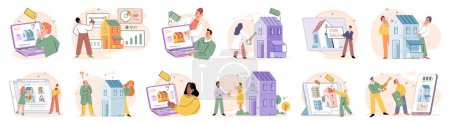 Illustration for Real estate search. Vector illustration Buyers were excited to buy new home met their criteria Renting and investing in house allowed individuals to diversify their investment portfolio The mortgage - Royalty Free Image