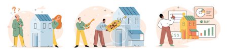 Illustration for House for sale. Vector illustration People looking for home sought advice from friends, family, and professionals Buying new home involved coordinating moving logistics and transferring utilities - Royalty Free Image