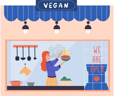 Illustration for Modern vegan mobile cafe in city. Happy restaurant owner in fast food truck. Exterior of cafe with eco concept. Vegetarian nutrition, healthy lifestyle. Woman in kitchen eating fruit and watermelon - Royalty Free Image