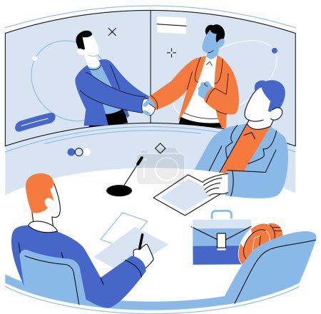 Illustration for Conference group meeting. Vector illustration. Concepts shape strategies and direction businesses Flat design elements create modern and simplistic visual style Character illustrations add humtouch - Royalty Free Image