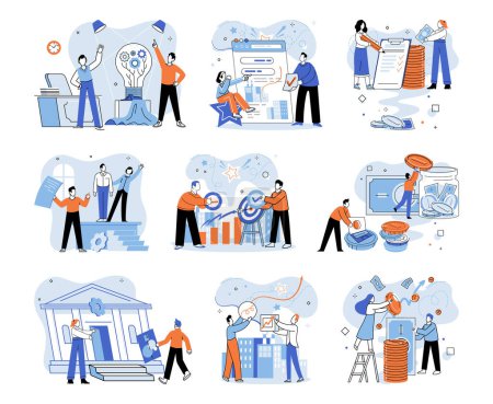 Illustration for Working together. Vector illustration. Socializing and building friendships at work improve collaboration and teamwork Interactive communication channels facilitate effective collaboration - Royalty Free Image