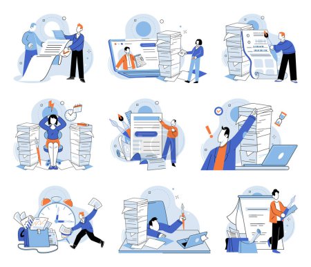 Illustration for Paperwork. Vector illustration. Managing multiple tasks simultaneously, including paperwork, is necessary The workload often leaves little time for managing paperwork effectively Hours - Royalty Free Image