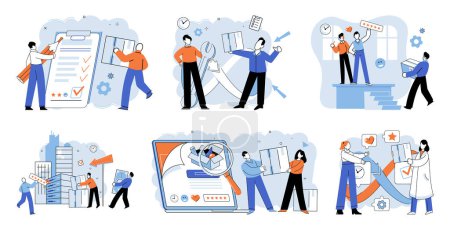 Illustration for Quality control. Vector illustration. The quality control metaphor compares process to gatekeeper who ensures quality Inspecting product helps identify any defects or deviations Exploring different - Royalty Free Image
