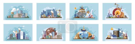 Illustration for Industrial pollution. Dirty waste. Environmental pollution. Vector illustration. Smokes with smog are manifestation our industrialized society Trash emission is overlooked aspect environmental - Royalty Free Image