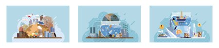 Illustration for Industrial pollution. Dirty waste. Environmental pollution. Vector illustration. Dirty water in lakes is result industrial pollution Smokes with smog have become major concern in big cities Trash - Royalty Free Image