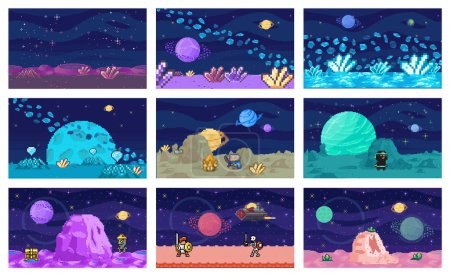 Illustration for Space game. Vector illustration. The 8-bit visuals and classic arcade gameplay capture essence retro space games The pixelated planets and stars create vibrant and colorful galaxy in game The starry - Royalty Free Image