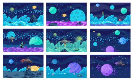 Illustration for Space game. Vector illustration. The cosmic backdrop in game sets stage for epic space battles and discoveries Each bit knowledge gained in game contributes to deeper understanding universe The 8-bit - Royalty Free Image