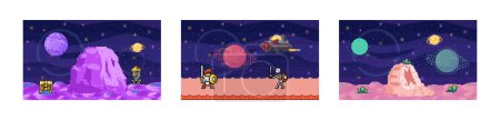 Illustration for Space game. Vector illustration. The universe in game is filled with pixelated planets, stars, and asteroids The solar system in game presents players with astronomical challenges The galactic - Royalty Free Image