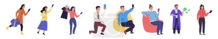 Illustration for People with smartphone. Vector illustration. The concept people with smartphones symbolizes interconnectedness modern society Smartphones provide means for people to communicate and foster social - Royalty Free Image