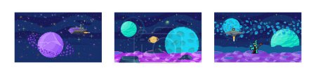 Illustration for Space game. Vector illustration. The game presents futuristic vision space exploration and intergalactic adventures The pixelated asteroids pose challenges as players navigate vastness solar system - Royalty Free Image