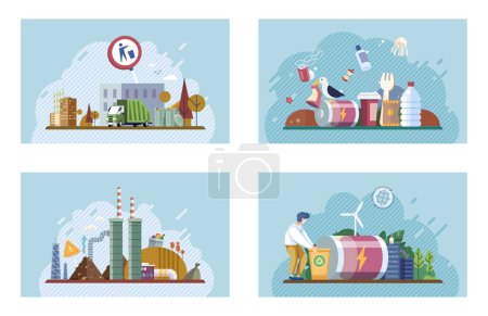 Illustration for Waste pollution. Vector illustration. The landfill overflowed with rubbish and garbage, causing pollution in surrounding area The polluted air and water are clear indicators waste problem - Royalty Free Image