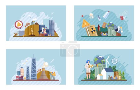 Illustration for Waste pollution. Vector illustration. Waste pollution is pressing problem poses significant risks to environment Plastic pollution and waste contamination are major concerns for environmental - Royalty Free Image