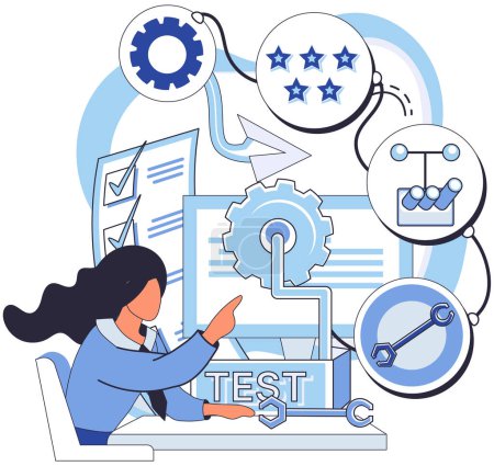 Illustration for Application testing metaphor. Vector illustration. Application testing, meticulous process to ensure flawless user experiences App test, litmus paper of apps performance Software testing, guardiangel - Royalty Free Image