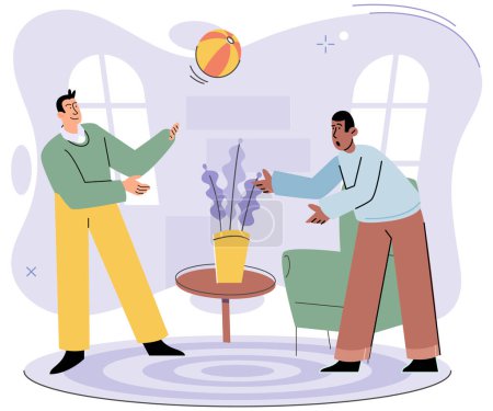 Illustration for Active sports people playing games indoors, spend time together cartoon vector illustration. Family inside activity. Happy man and boy throw ball to each other. Father and son having fun while playing - Royalty Free Image