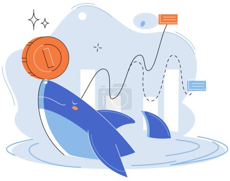 Ilustración de Shark emerges from water and holds gold coins on its nose. Trading hamsters and whale metaphor set. Fake data for business valuation. Inexperienced investor, bad investment, experienced traders - Imagen libre de derechos
