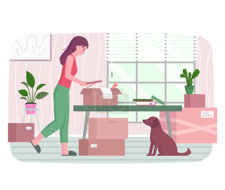 Illustration for Family moving to new house, rented apartment. Changing place of residence, relocation, rental of premises concept. Young couple unpacking things after shipping, woman putting things in boxes at home - Royalty Free Image