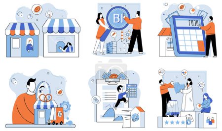 Illustration for Shop owner. Vector illustration. Collaboration among industry players fosters innovation and mutual growth Distribution networks ensure efficient delivery products to consumers Negotiation skills - Royalty Free Image