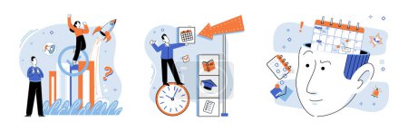 Illustration for Time management. Vector illustration. Support from colleagues and mentors aids in effective time management Planning is fundamental aspect successful time management Setting clear targets is crucial - Royalty Free Image