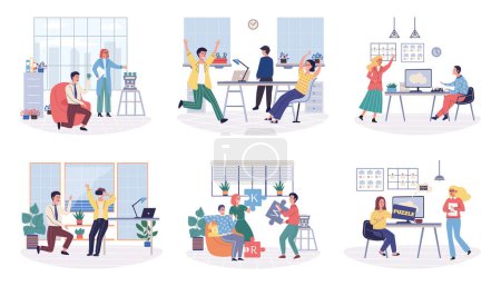 Illustration for Office playing vector illustration. The office c be place for both work and play, allowing employees to find enjoyment in their tasks Playing in workplace c enhance employee satisfaction and foster - Royalty Free Image