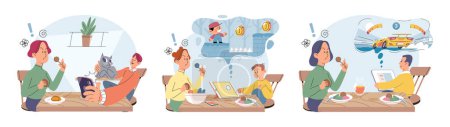 Illustration for Gadget addiction. Vector illustration. Smartphones have become primary tool for communication and access to online resources The addiction to gadgets poses challenges in maintaining healthy work life - Royalty Free Image