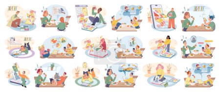 Illustration for Child with tablet. Vector illustration. Using digital tablet allows children to have more immersive and interactive learning experience The internet provides vast array educational resources for kids - Royalty Free Image