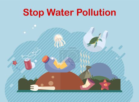 Illustration for Water pollution. Vector illustration. Eco friendly practices aim to minimize negative impact on environment The dirty water indicated high levels pollution in river The ecosystem suffered greatly - Royalty Free Image
