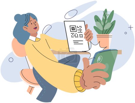 Illustration for Woman touching mobile screen for payment by scan QR code to paying for online purchases. Contactless payment. People at shop or supermarket make transaction using smartphone app, mobile cashless - Royalty Free Image