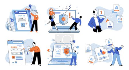 Illustration for Information security vector illustration. Information security is paramount in digital age to protect sensitive data Businesses implement secure measures to ensure protection personal information - Royalty Free Image