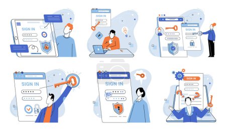 Illustration for Login password vector illustration. The user interface UI provides convenient way for users to interact with registration system For any inquiries, users can contact support through provided contact - Royalty Free Image