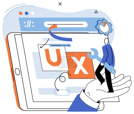 Illustration for User experience design. Vector illustration. User interface, first impression maker in any software application UX UI design, framework for building engaging software experiences User experience - Royalty Free Image