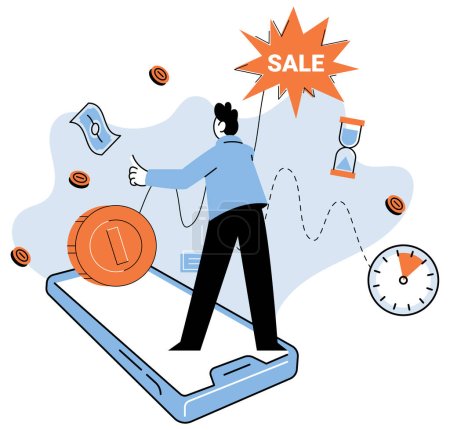 Illustration for Promotion discount sale. Vector illustration. Flash sale online, sprint in marathon of e-commerce Sales index, seismograph detecting market shifts Forecast of future sales, oracle revealing business - Royalty Free Image