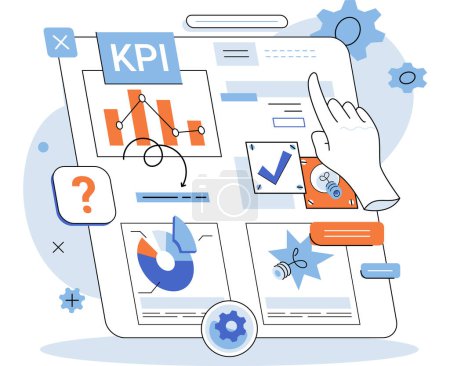 Illustration for KPI key performance indicator. Vector illustration. Business metric improvement requires consistent measurement Dashboard reports offer quick view of key performance indicators Graphs and charts - Royalty Free Image