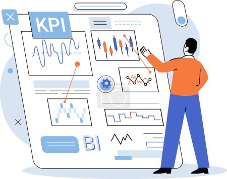 Illustration for KPI key performance indicator. Vector illustration. Graphs and charts are essential tools in KPI analysis Information cornerstone of any business strategy Financial metrics provide snapshot - Royalty Free Image