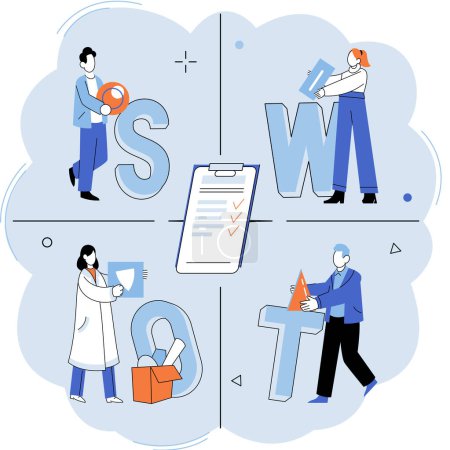 Illustration for SWOT analysis. Vector illustration. Planning involves setting goals and defining actions to achieve them Companies rely on effective planning for success Startups require careful planning - Royalty Free Image