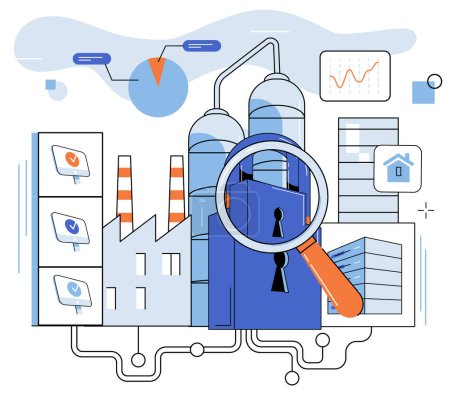 Illustration for Industrial cyber security. Vector illustration. Reports on cyber security provide valuable insights into potential vulnerabilities The industry must continuously adapt its security systems to address - Royalty Free Image