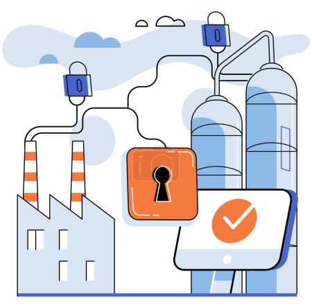 Illustration for Industrial cyber security. Vector illustration. Technology advancements bring both opportunities and risks to industrial cyber security Businesses must prioritize security to mitigate potential impact - Royalty Free Image