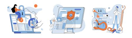 Illustration for Malware spyware virus. Vector illustration. Malware, spyware, and viruses are metaphorical criminals digital world Security measures protect against cyber attacks and malicious software An attack - Royalty Free Image
